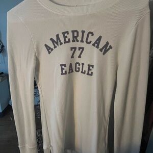 American Eagle Outfitters Cream Waffle-Knit Long Sleeve Top with '77' Graphic